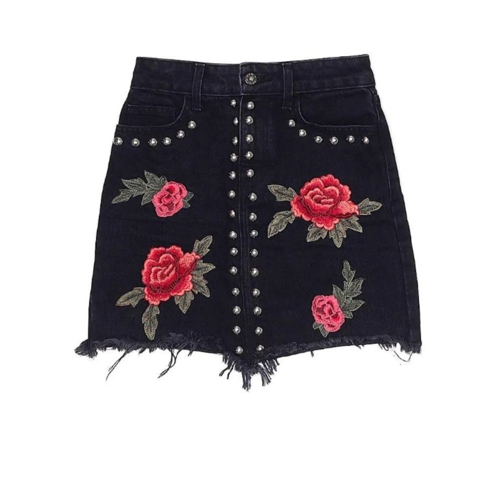 CARMAR ROSE EMBROIDERY BLACK DENIM SKIRT